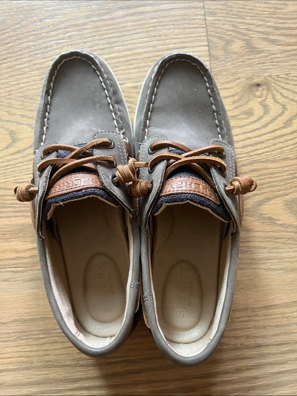 Women’s Sperry Taupe and Navy Boat Shoes with Brown Leather Accents